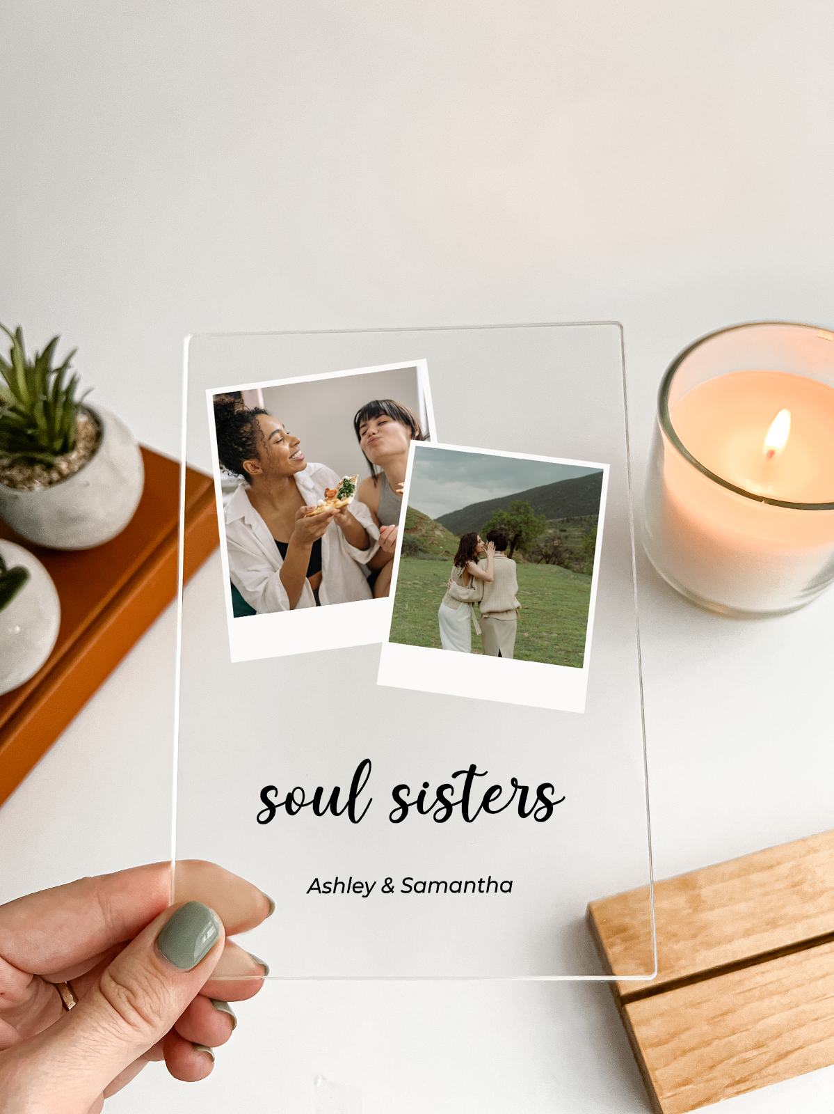 Personalized 2 Images Custom Collage Acrylic Photo Frame, Wood Base, Friend Gift