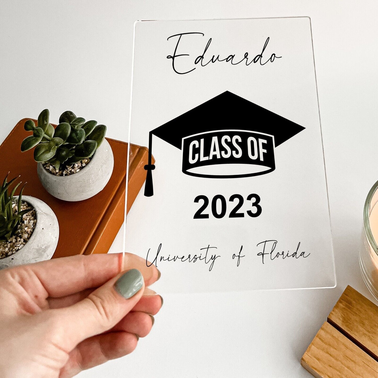 Personalized Wood Base Desk Table Stand Graduation University 2023 2024 Gift