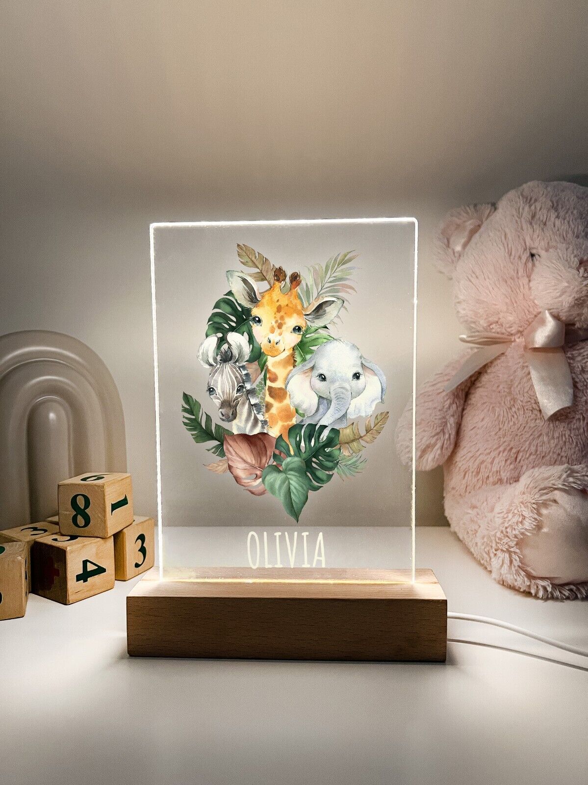 Personalized LED Light Up Wood Stand Safari Animals Cute Night Light Child Gift