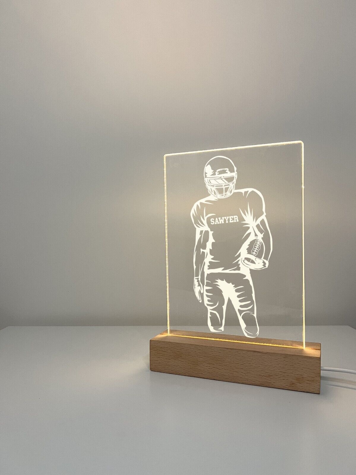 Personalized LED Light Up Desk Lamp Wood Stand USA Football Athlete Warner Gift
