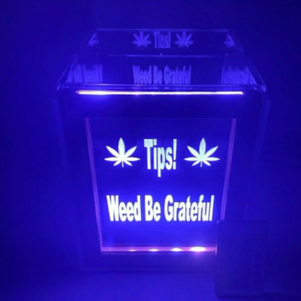 Tip Box Raffle Fund Raiser Donation Jar Fantastically Unique Eye Catching Personalized Engraved LED 16 Colors Changing 7"W x 8.5"H Container