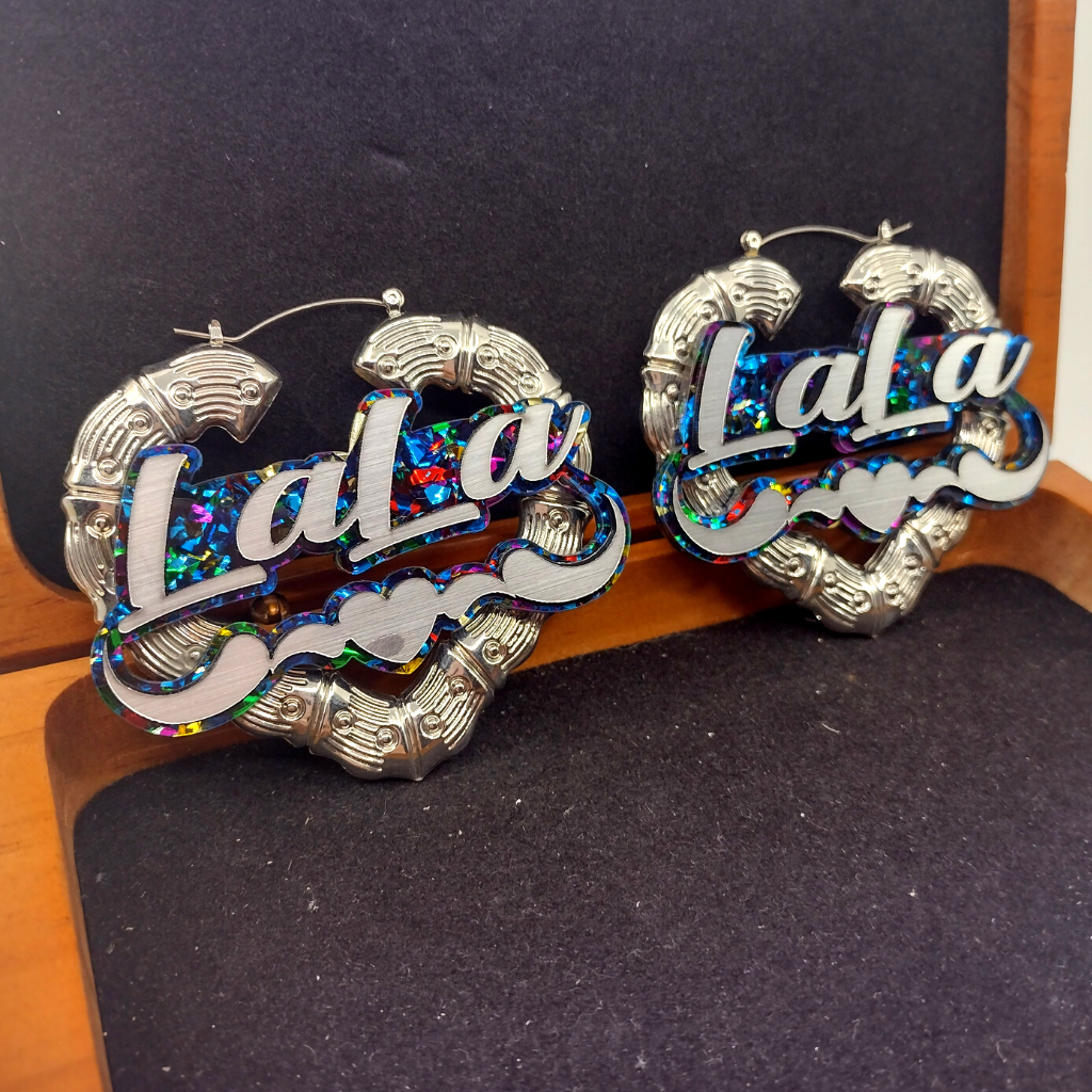Custom Silver Heart Name and Background Hoop Earrings