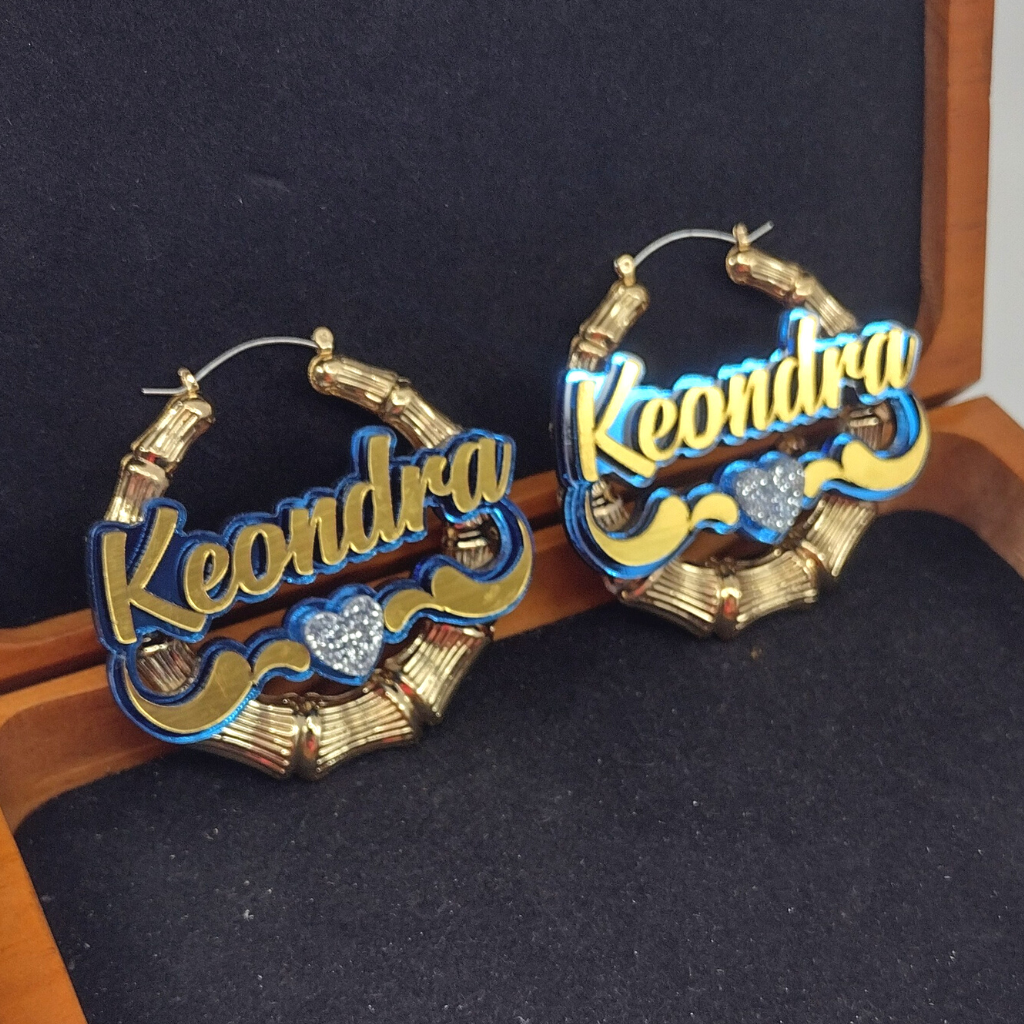 Heart and Swirl Custom Name and Background Gold Bamboo Hoop Earrings