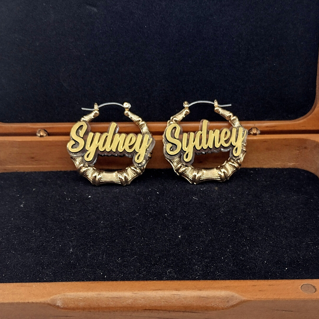Custom Name and Clear Background Gold Bamboo Hoop Earrings