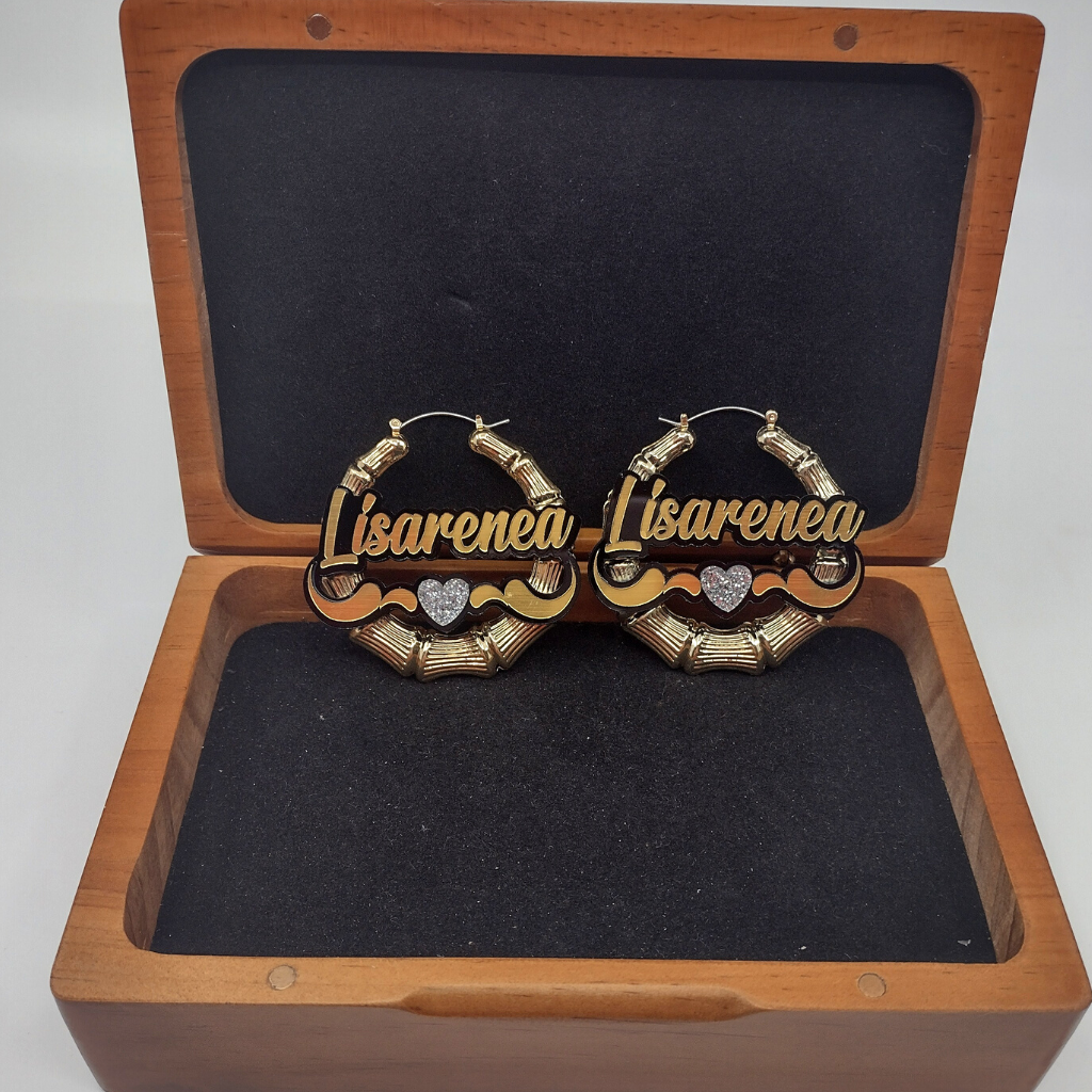 Heart and Swirl Custom Name and Background Gold Bamboo Hoop Earrings