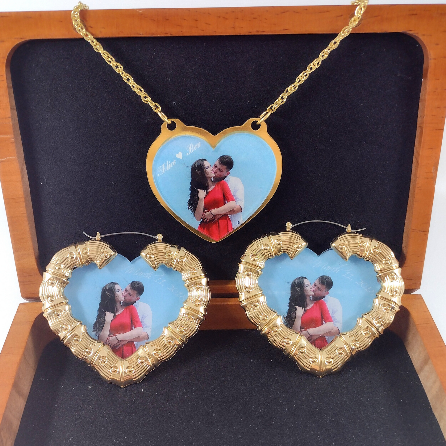 Custom Heart Shaped Personalized Photo Name Necklace and Earrings, UV Printed Jewelry Set