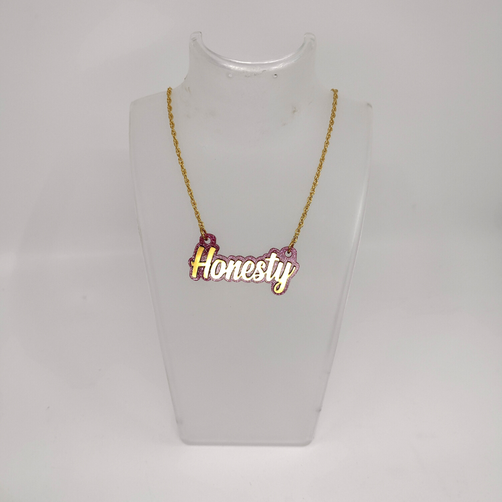 Custom Gold and Pink Glitter Background Name Necklace