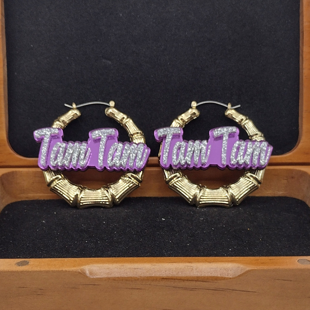 Custom Name and Background Gold Bamboo Hoop Earrings