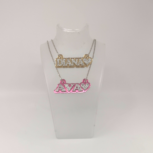 Custom Heart Name Necklace, Personalized Glitter Name Necklace