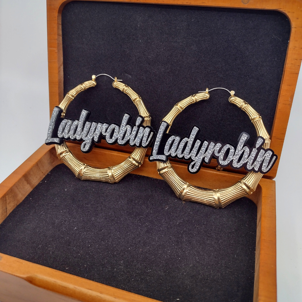 Custom Name and Background Gold Bamboo Hoop Earrings