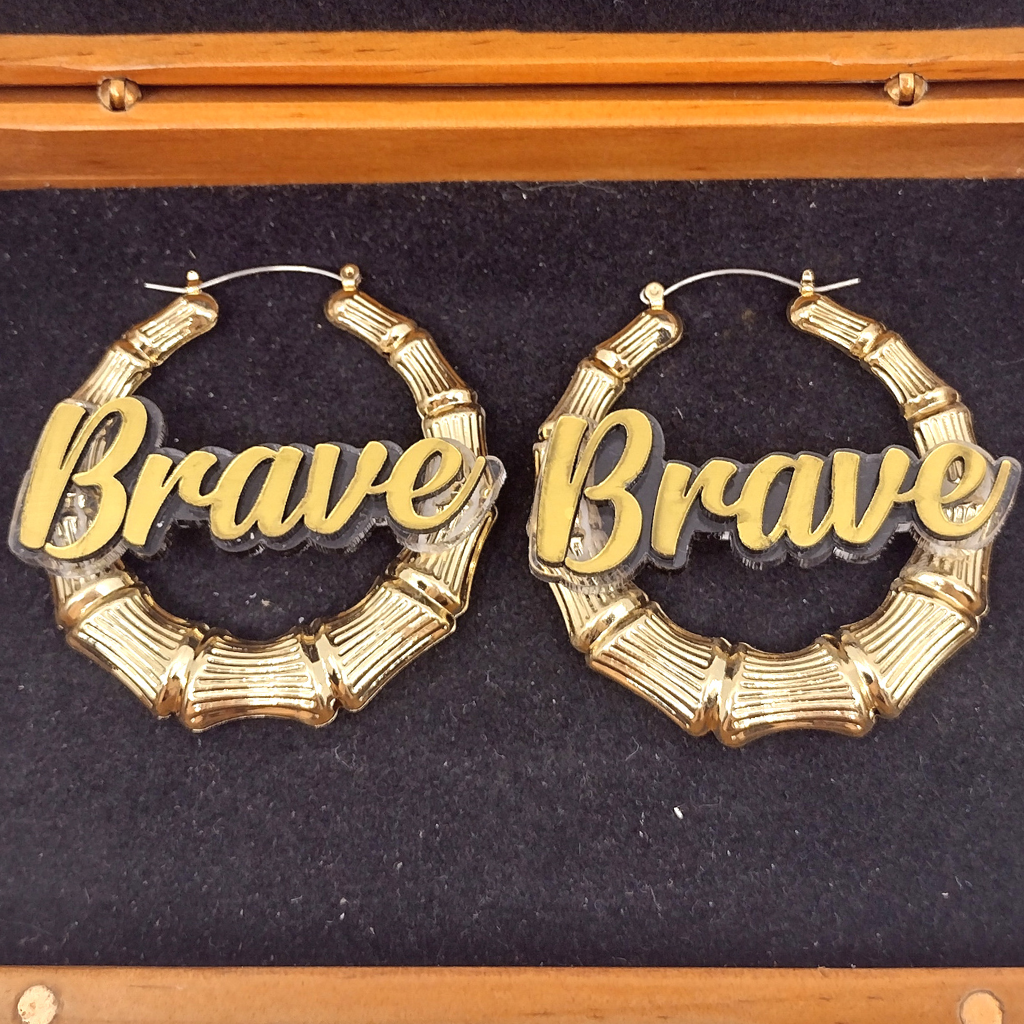 Custom Name and Clear Background Gold Bamboo Hoop Earrings