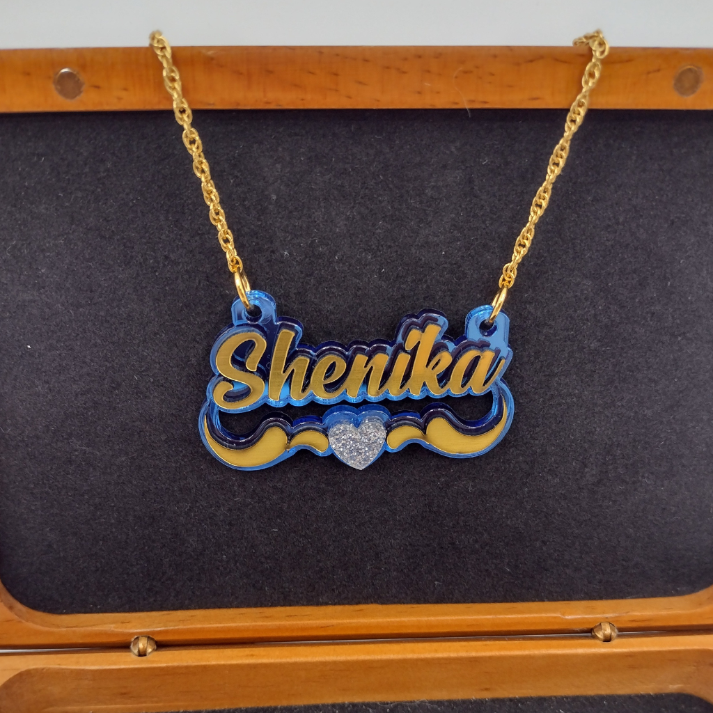 Custom Gold Heart and Swirl Name and Background Necklace and Earrings Jewelry Set