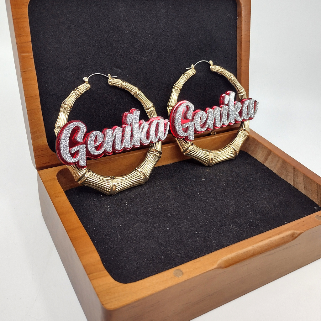 Custom Name and Background Gold Bamboo Hoop Earrings