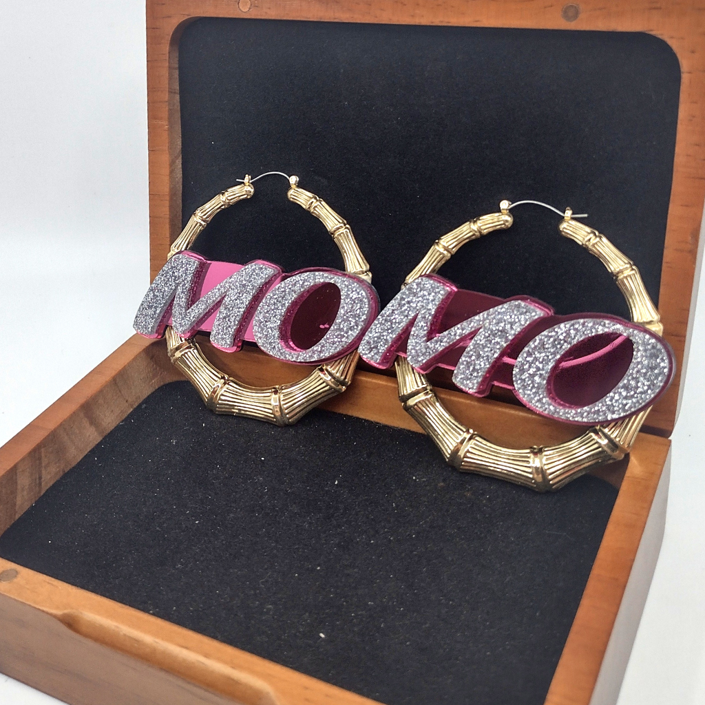 Custom Name and Background Gold Bamboo Hoop Earrings