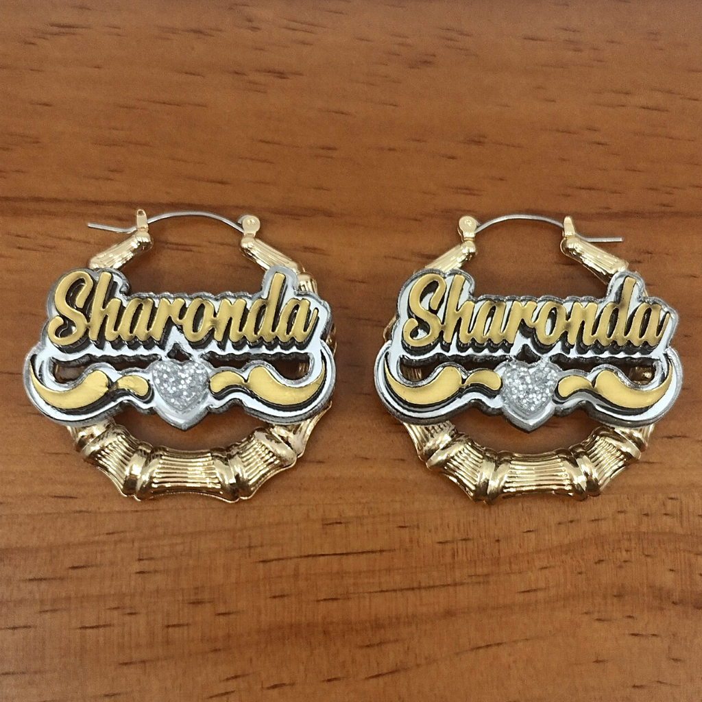 Heart and Swirl Custom Name and Background Gold Bamboo Hoop Earrings