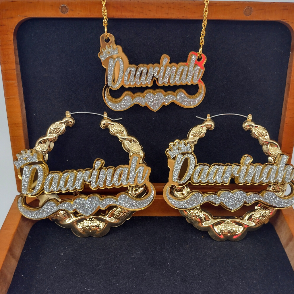 Heart and Swirl with Crown Custom XOXO Gold Hoop Earrings and a Name Necklace, Personalized Name and Background Color, Hand-made Jewelry Set