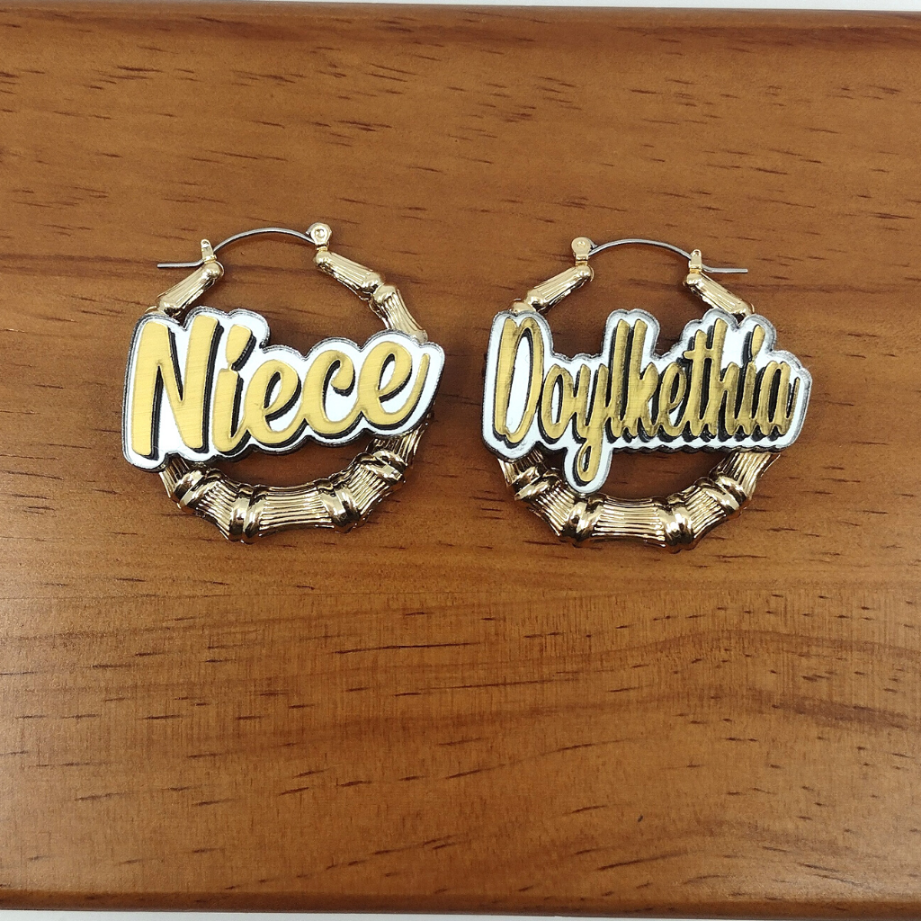 Custom Name and Background Gold Bamboo Hoop Earrings
