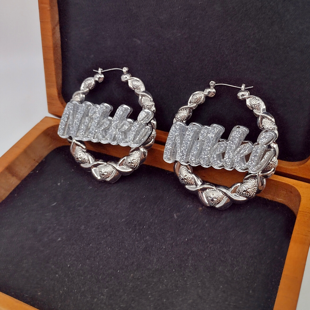 Custom XOXO Name and Background Silver Hoop Earrings