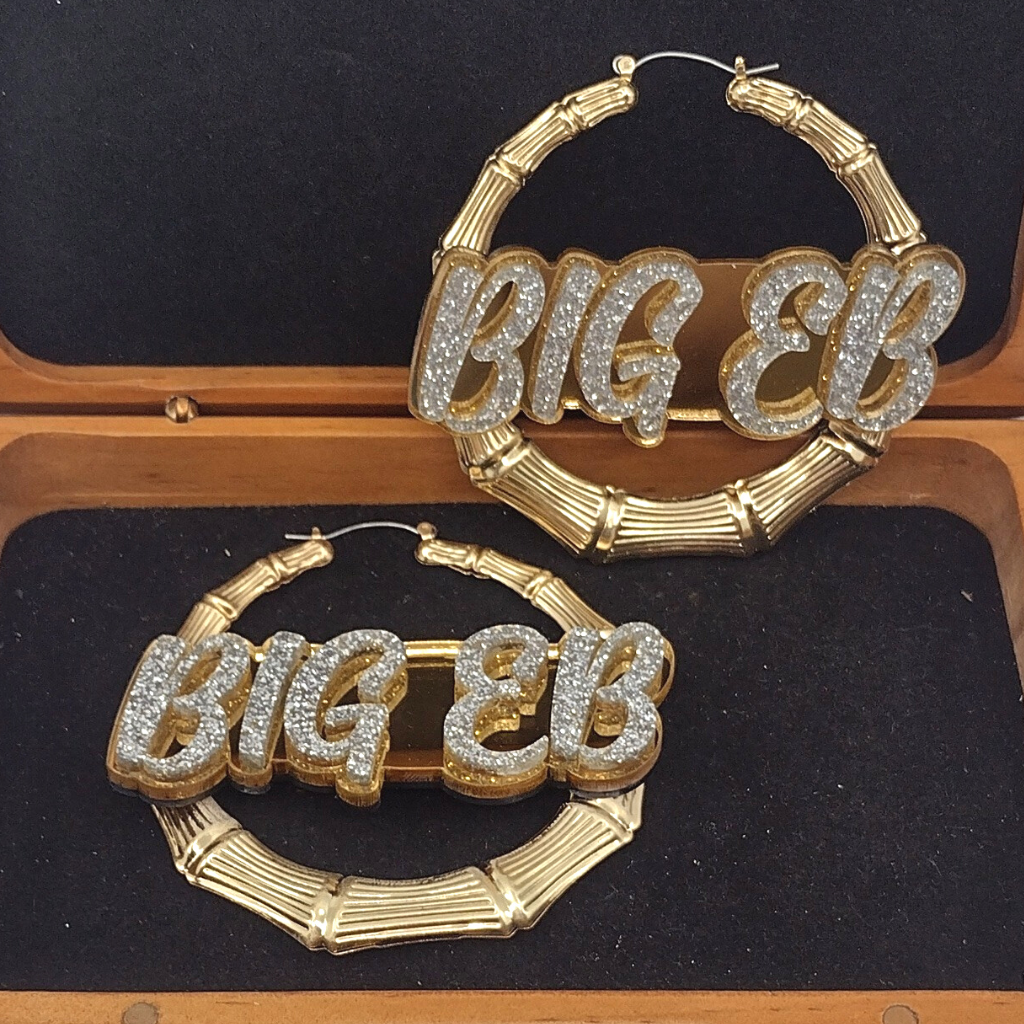 Custom Name and Background Gold Bamboo Hoop Earrings