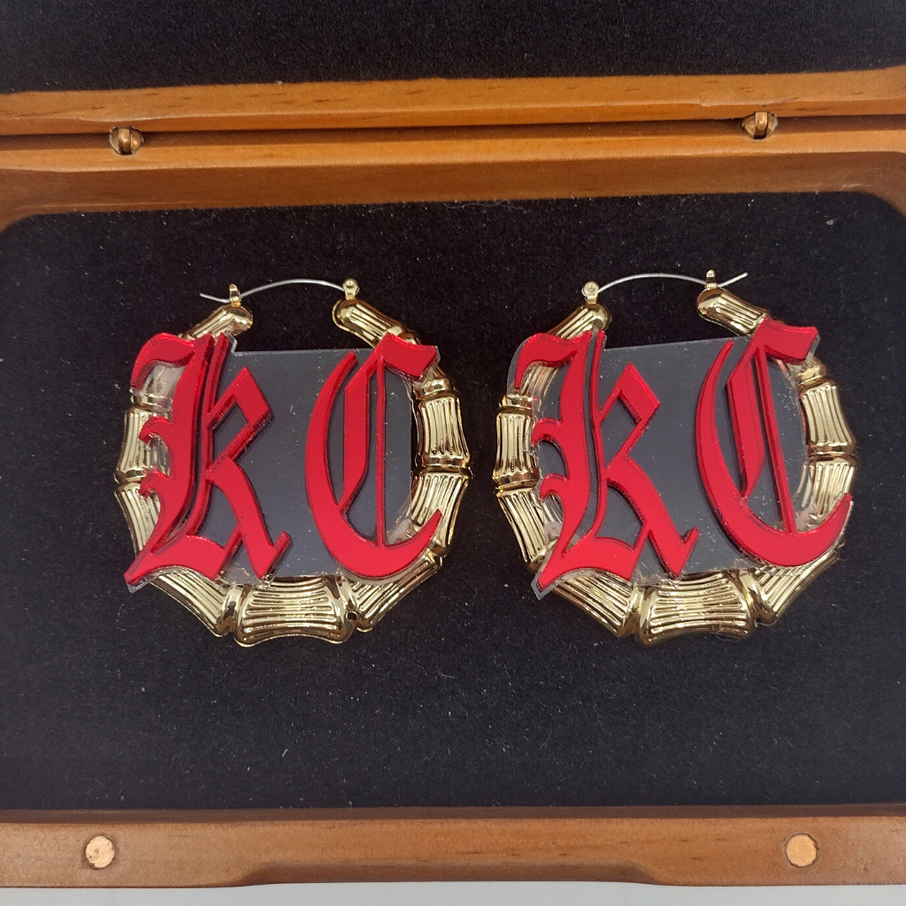 Old English Custom Two Initials Letter Color Bamboo Hoop Earrings