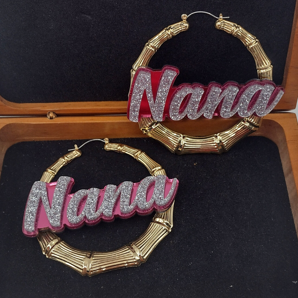 Custom Name and Background Gold Bamboo Hoop Earrings