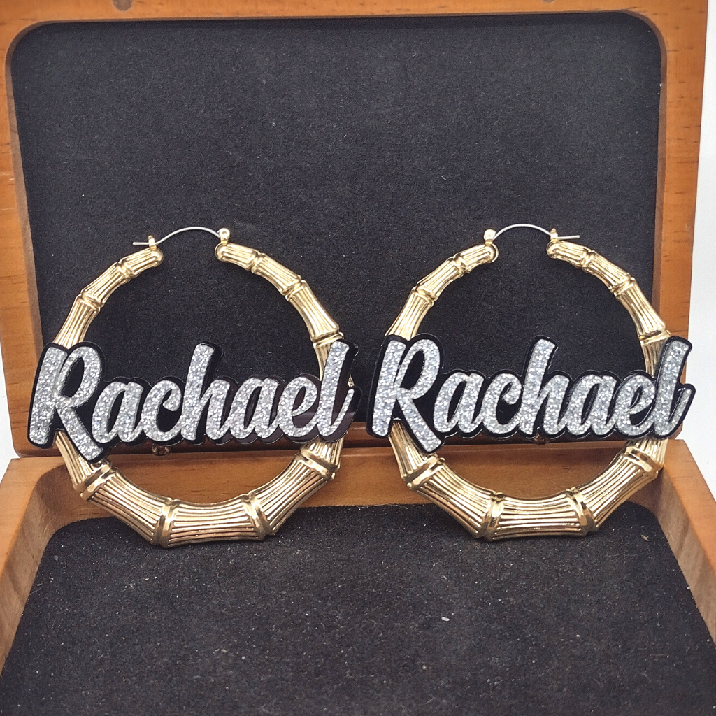 Custom Name and Background Gold Bamboo Hoop Earrings