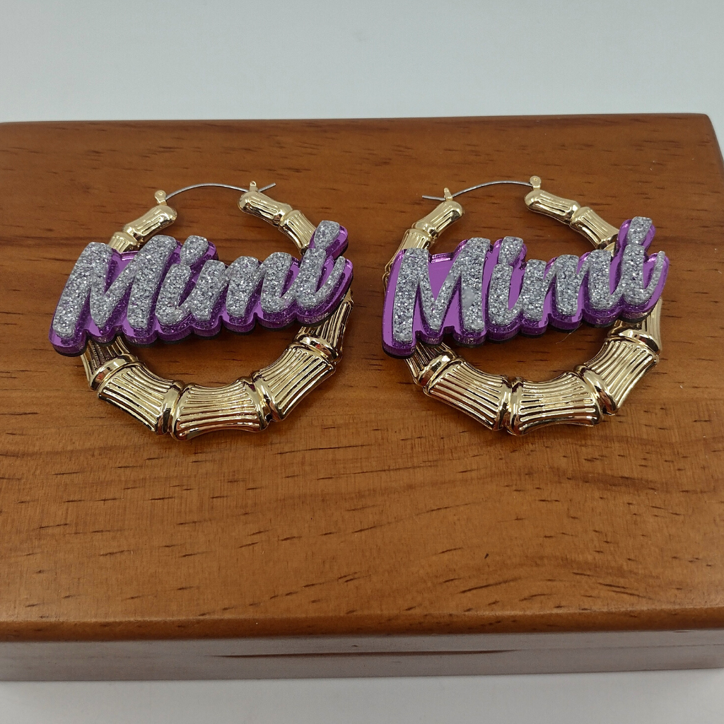 Custom Name and Background Gold Bamboo Hoop Earrings