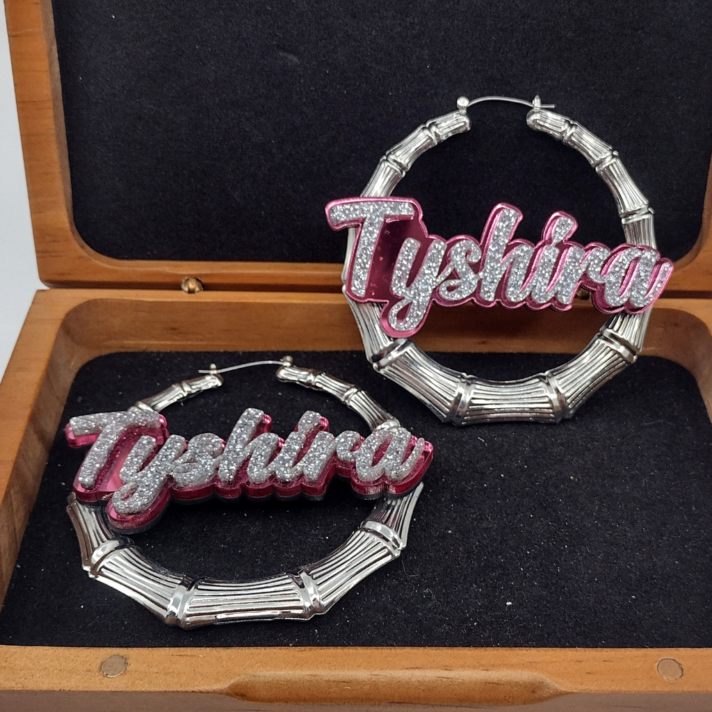Custom Name and Background Silver Bamboo Hoop Earrings