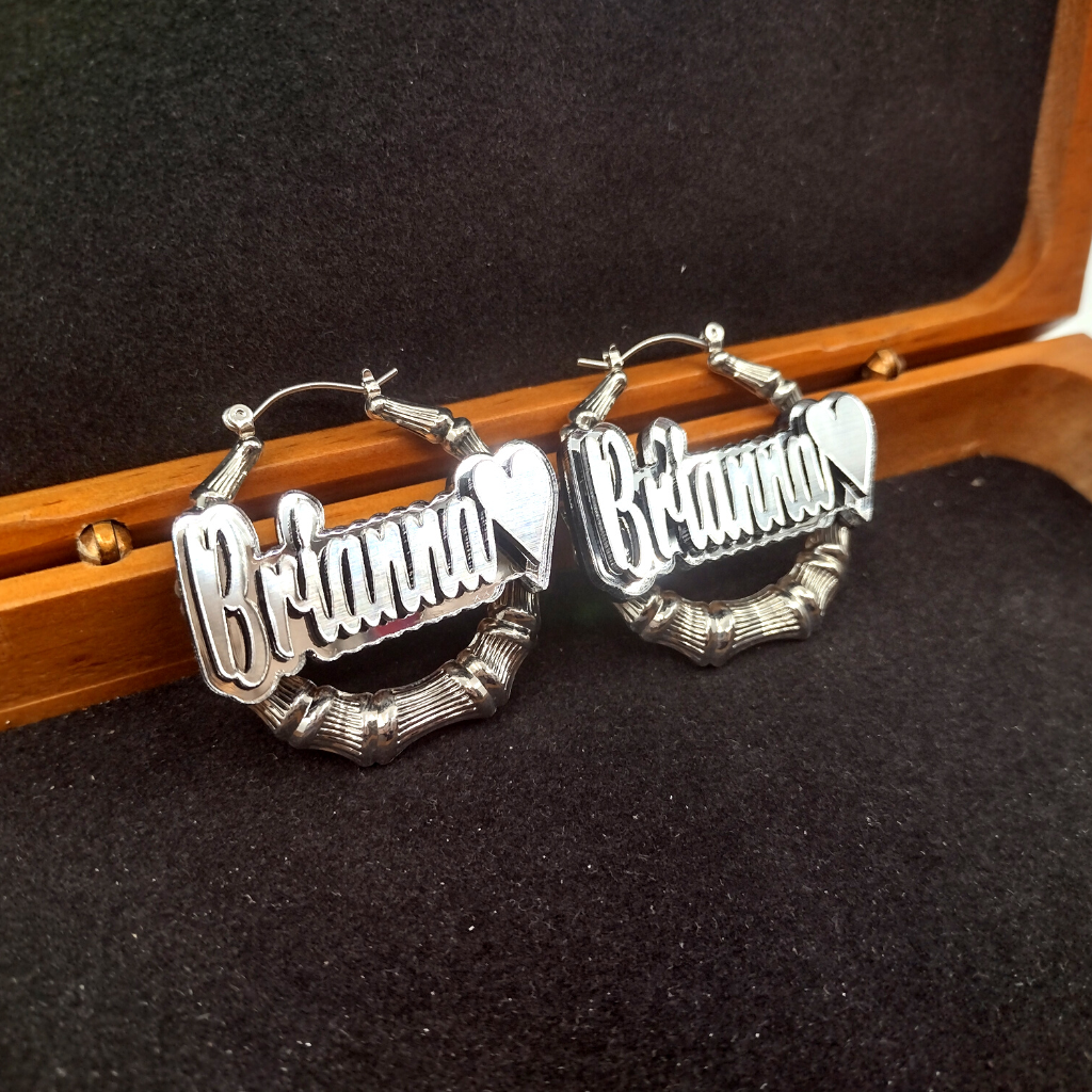 Custom Name with Heart and Background Silver Bamboo Hoop Earrings