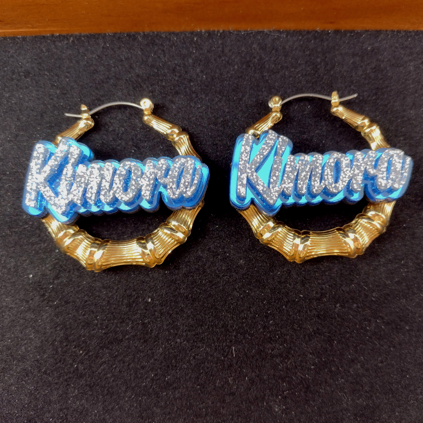 Custom Name and Background Gold Bamboo Hoop Earrings