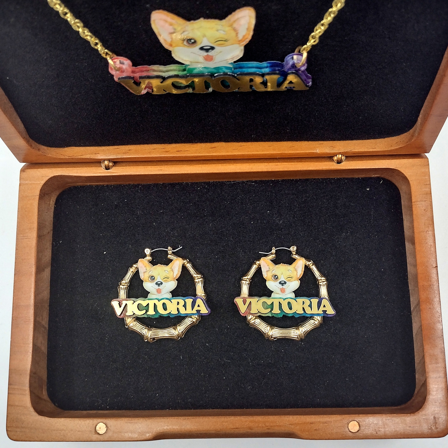 Custom Name Earrings and Necklace Jewelry Set, UV Printed, Personalized Puppy Design