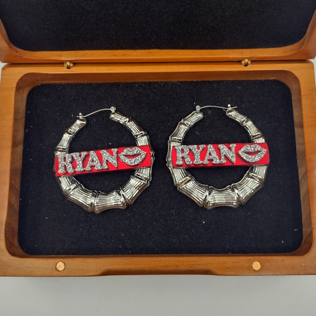 Custom Name with Lips and Background Silver Bamboo Hoop Earrings