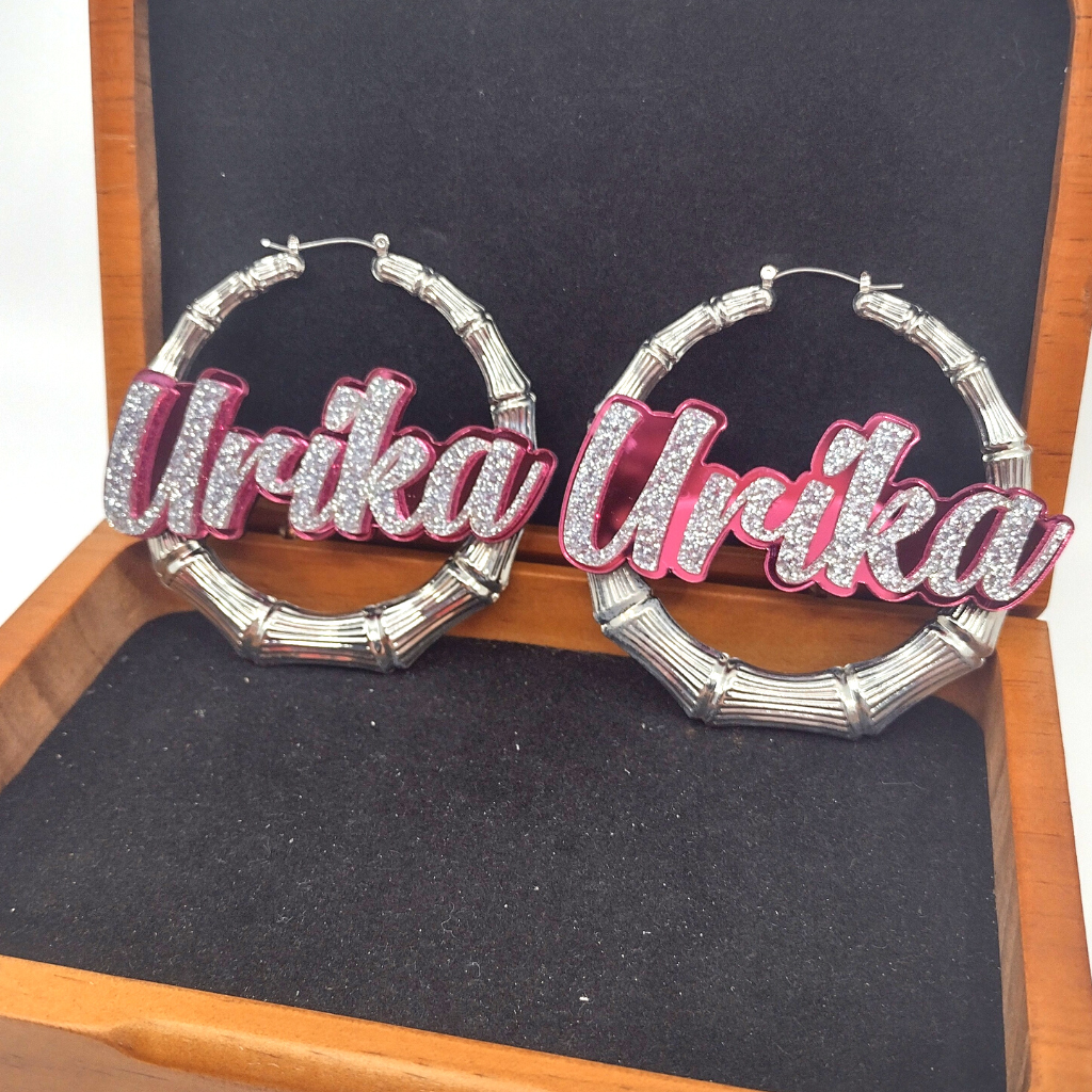 Custom Name and Background Silver Bamboo Hoop Earrings