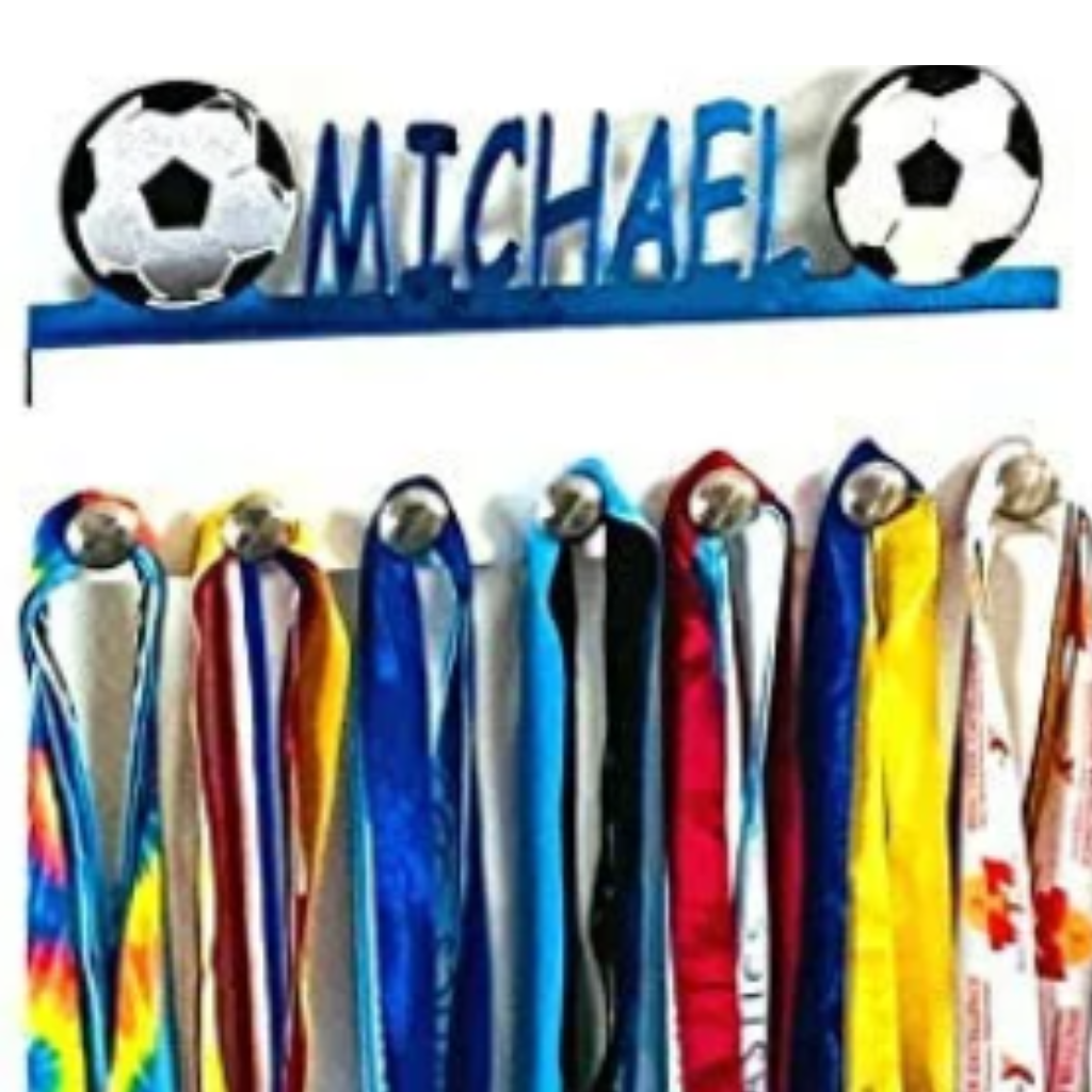 Soccer Personalized Sports Medal Holder, Handmade Wall Organizer, Storage Space for Your Living Space