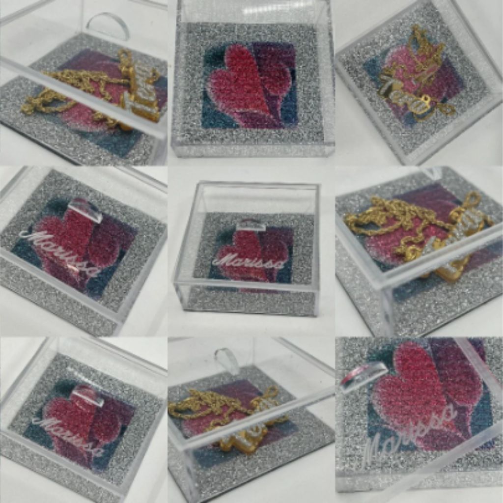 Stylish Heart Rings, Earrings, Necklaces Jewelry Gift Presentation Box Personalized Custom Engraved Features Diamond Forever Glitter Bottom