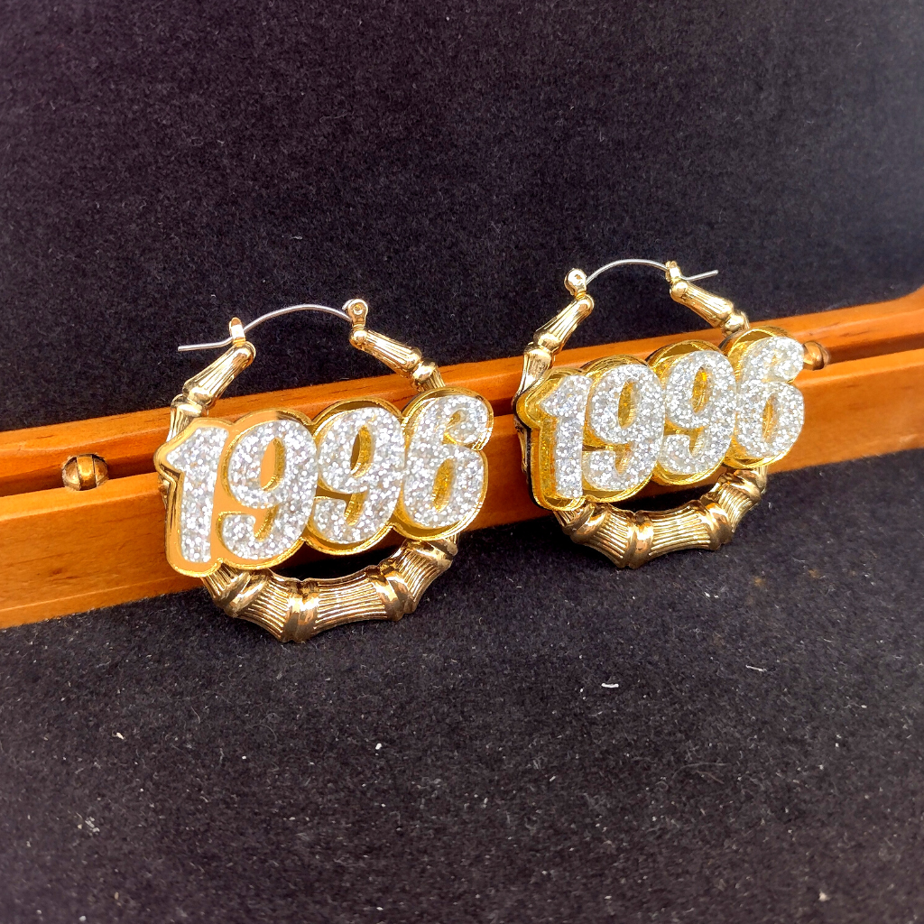 Custom Name and Background Gold Bamboo Hoop Earrings