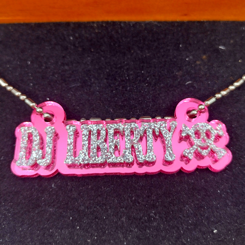 Custom Skull and Crossbones Name Necklace, Personalized Glitter Name Necklace