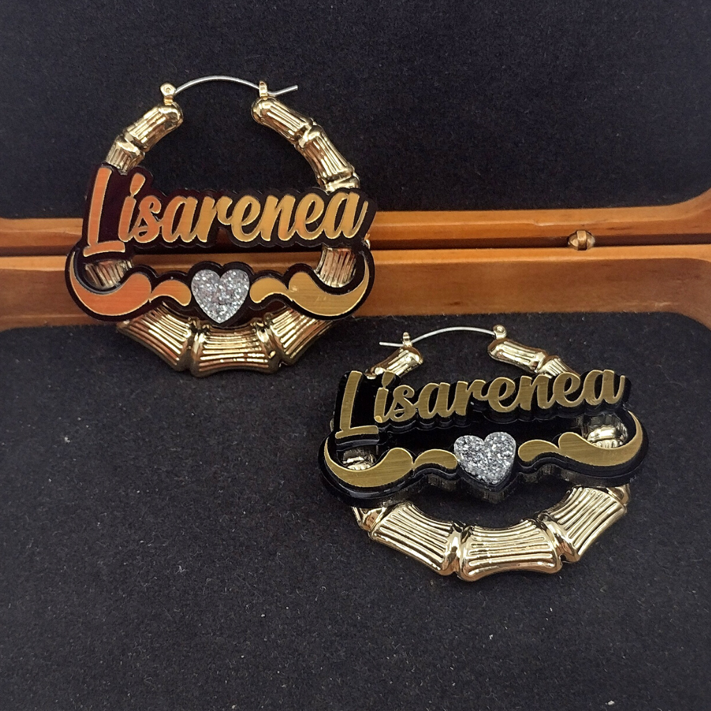 Heart and Swirl Custom Name and Background Gold Bamboo Hoop Earrings