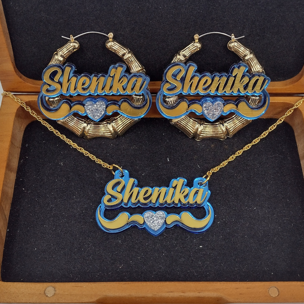 Custom Gold Heart and Swirl Name and Background Necklace and Earrings Jewelry Set