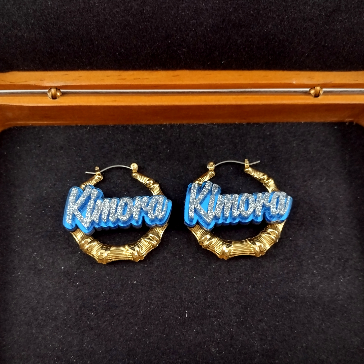 Custom Name and Background Gold Bamboo Hoop Earrings