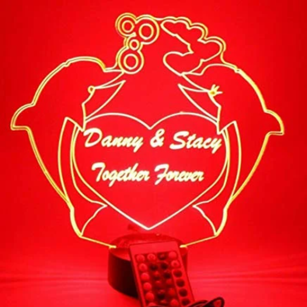 Couple Dolphins in Heart LED Tabletop Night Light Up Lamp, 16 Color option with Remote