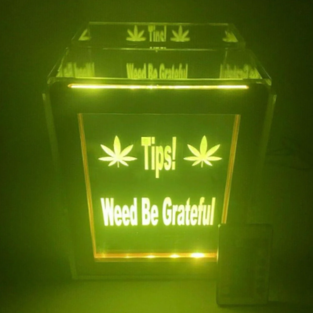 Tip Box Raffle Fund Raiser Donation Jar Fantastically Unique Eye Catching Personalized Engraved LED 16 Colors Changing 7"W x 8.5"H Container