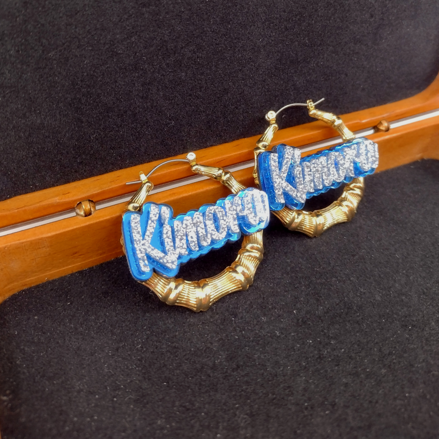 Custom Name and Background Gold Bamboo Hoop Earrings