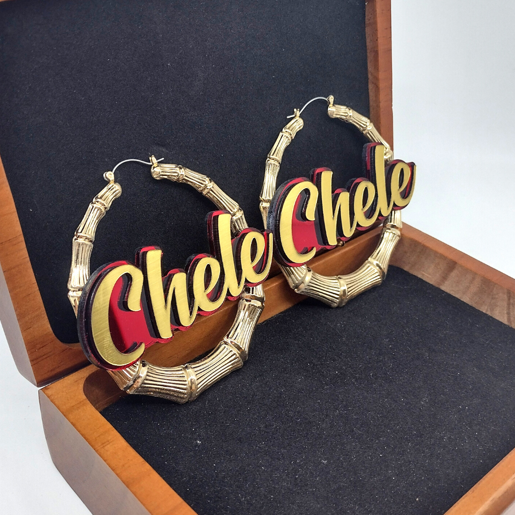 Custom Name and Background Gold Bamboo Hoop Earrings