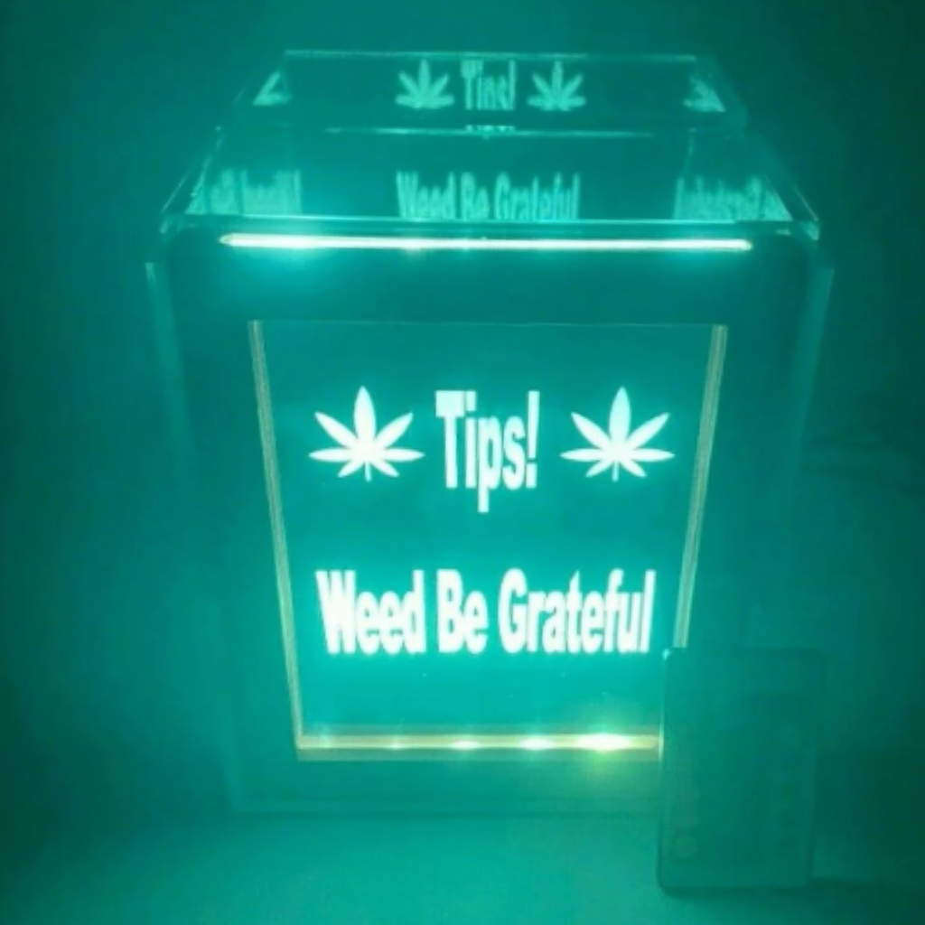 Tip Box Raffle Fund Raiser Donation Jar Fantastically Unique Eye Catching Personalized Engraved LED 16 Colors Changing 7"W x 8.5"H Container
