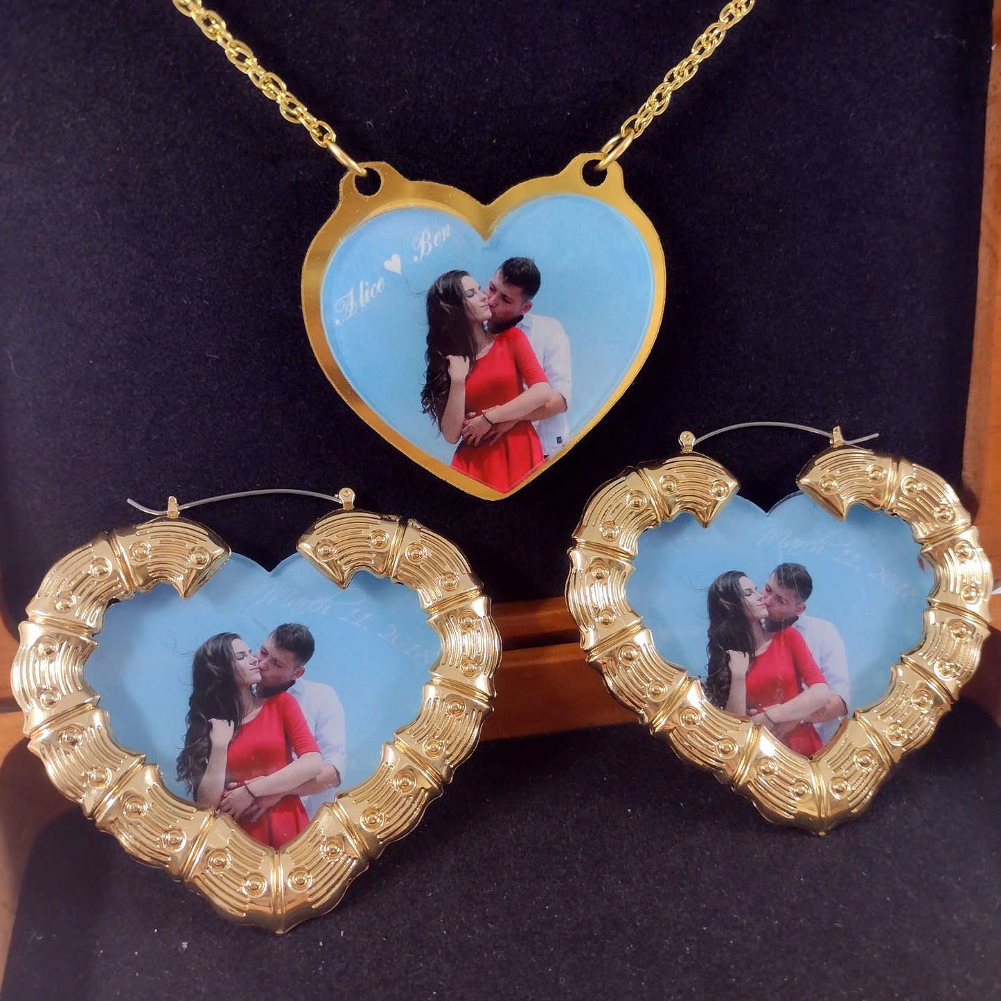 Custom Heart Shaped Personalized Photo Name Necklace and Earrings, UV Printed Jewelry Set