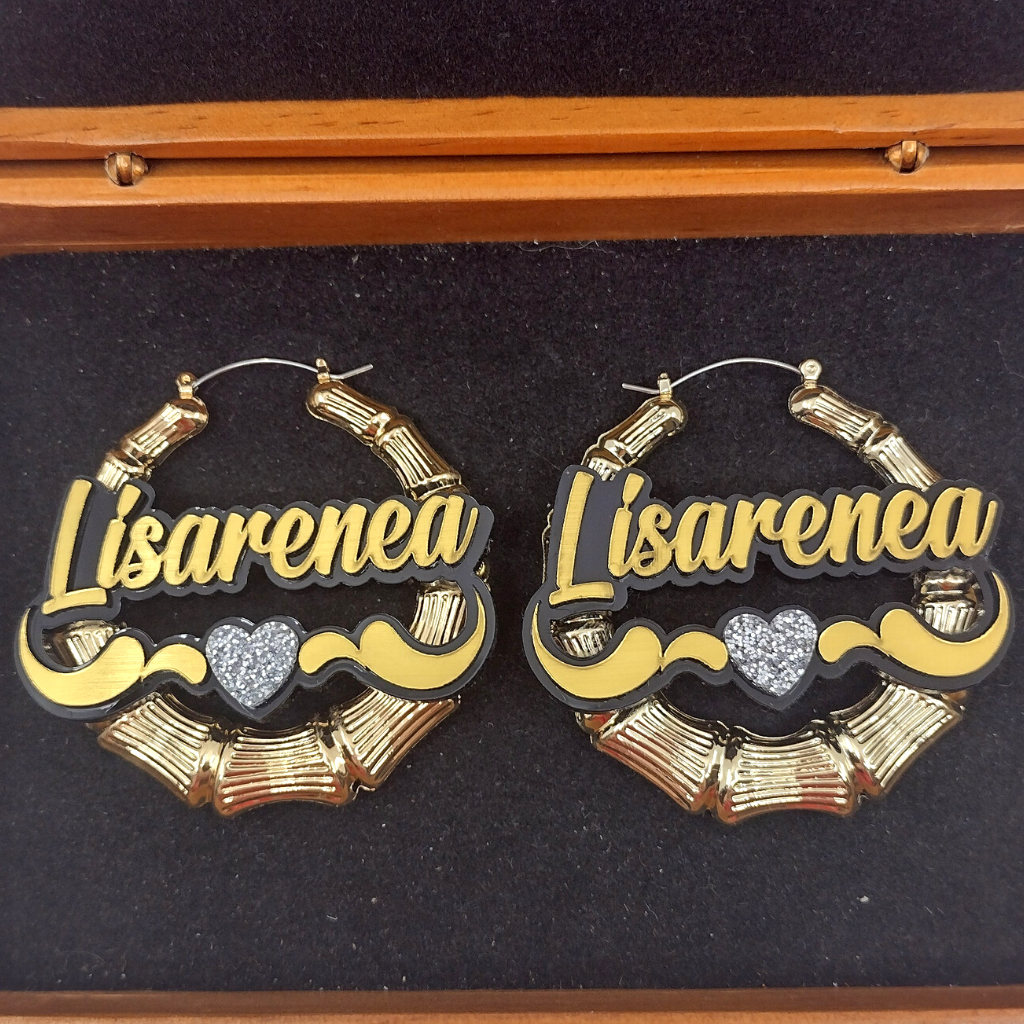 Heart and Swirl Custom Name and Background Gold Bamboo Hoop Earrings