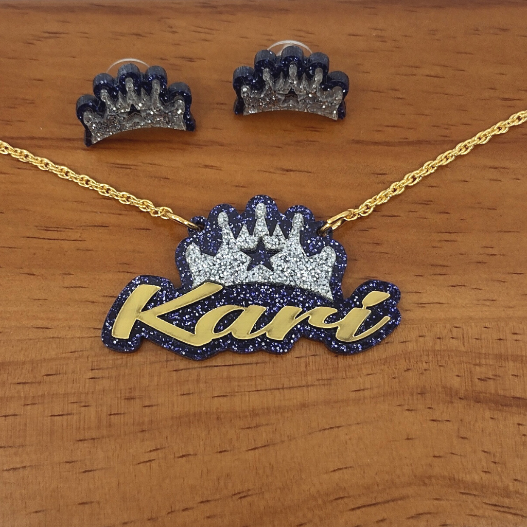 Custom Crown Personalized Necklace and Studs Jewelry Set