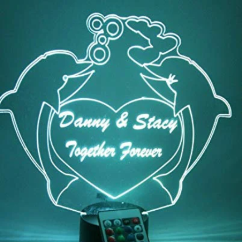 Couple Dolphins in Heart LED Tabletop Night Light Up Lamp, 16 Color option with Remote