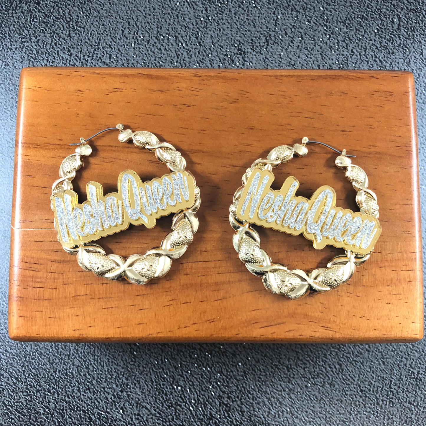 Gold Hoop XOXO Style Earrings Name Plate Laser Cut Personalized Custom Design Diamond Stunning Look, Attractive, Gorgeous Earrings